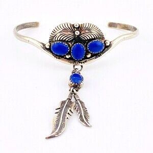 Navajo Lapis Lazuli Sterling Silver Cuff Bracelet Feather Charms by R Francisco